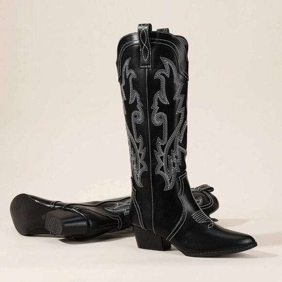 Women's Black Cowgirl Knee High Western Tall Boot Chunky Low Pointed Toe Booties - Picture 6 of 6